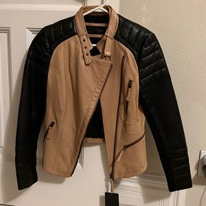 Zara Basic Authentic Lambskin Leather Jacket Bi-color Black/Tan US S/M